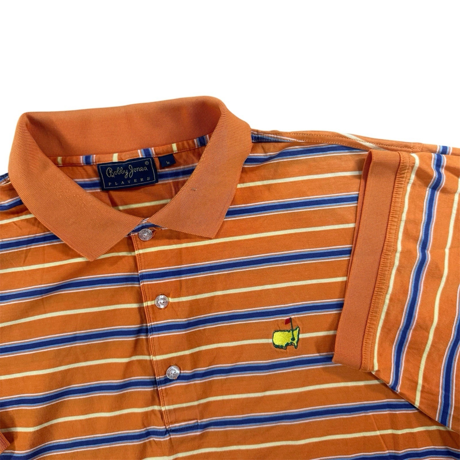 Masters Shirt Mens Large Orange Golf Polo Striped Bobby Jones Masters Logo